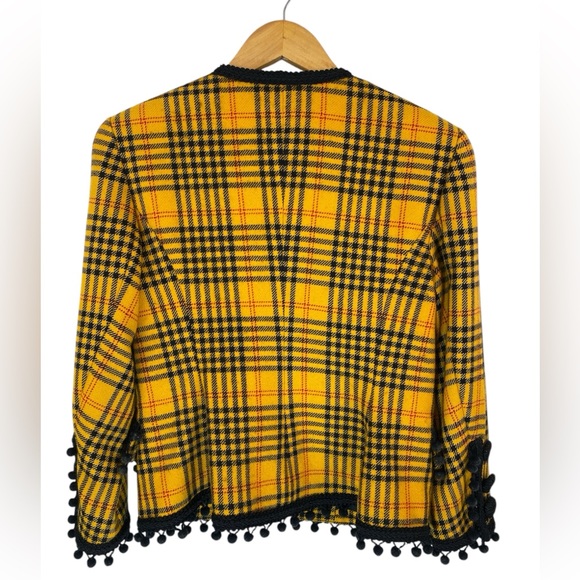 VTG 80s Bill Blass Plaid Wool Blazer Yellow & Black Embroidered Pom Poms Sz 8 - Picture 5 of 11